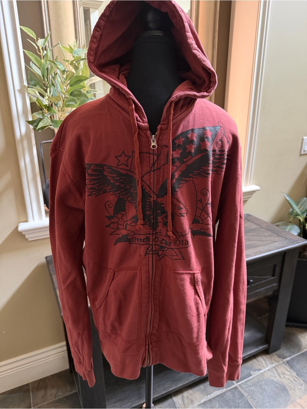 27639 Men's Zip-Up Hoodie in Brick Red with Graphic Print